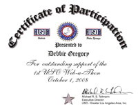 Bob Hope USO Award for Military Connection CEO, Debbie Gregory for participation in the USO Web-A-Thon